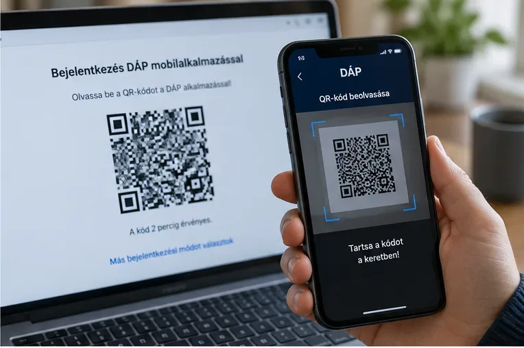 A laptop képernyőjén DÁP-bejelentkezéshez tartozó QR-kód látható, amelyet a felhasználó a telefonján megnyitott DÁP alkalmazással olvas be.