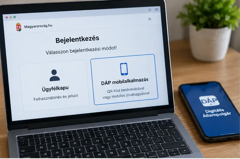 Laptopon állami bejelentkezési oldal látható, ahol a DÁP mobilalkalmazás az egyik választható azonosítási mód, mellette DÁP-ot megjelenítő telefon fekszik.