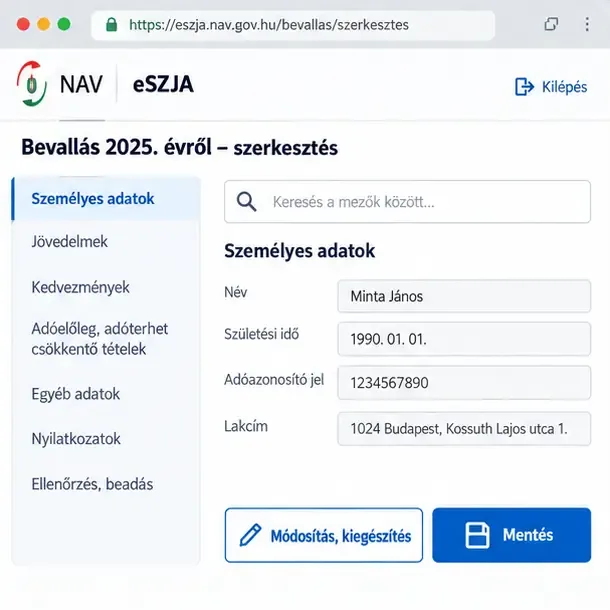Az eSZJA szerkesztőfelületén bal oldali témakörlista, keresőmező, Módosítás, kiegészítés és Mentés gomb látható