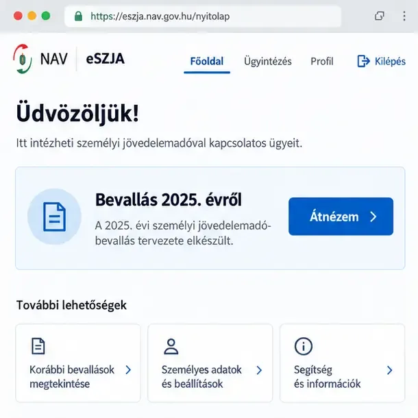 Az eSZJA kezdőlapján a Bevallás 2025. évről kártya és az Átnézem gomb látható
