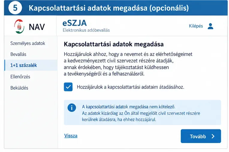 Szemléltető eSZJA oldal önkéntes kapcsolattartási hozzájárulás jelölőnégyzettel
