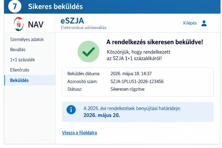 Szemléltető sikeres beküldési visszaigazolás az SZJA 1+1 százalékos nyilatkozathoz