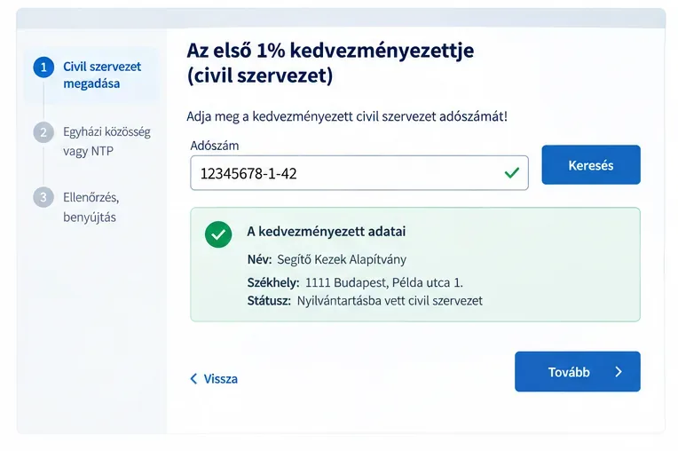 Szemléltető űrlap egy civil kedvezményezett adószámának megadásához és ellenőrzéséhez