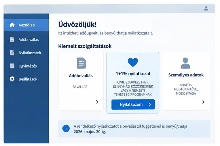 Szemléltető eSZJA kezdőoldal kiemelt 1+1 százalék nyilatkozat lehetőséggel