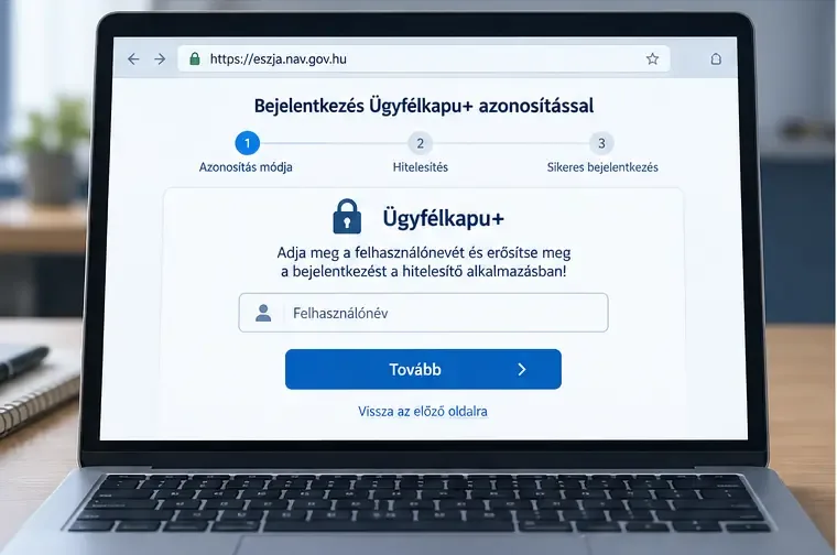 Laptop képernyőjén az Ügyfélkapu+ kétfaktoros azonosítási folyamatának első lépése