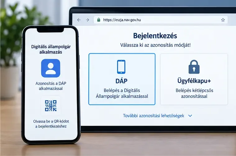 Az eSZJA bejelentkezési képernyőjén a DÁP és az Ügyfélkapu+ azonosítási lehetőség látható, mellette telefon a DÁP alkalmazással
