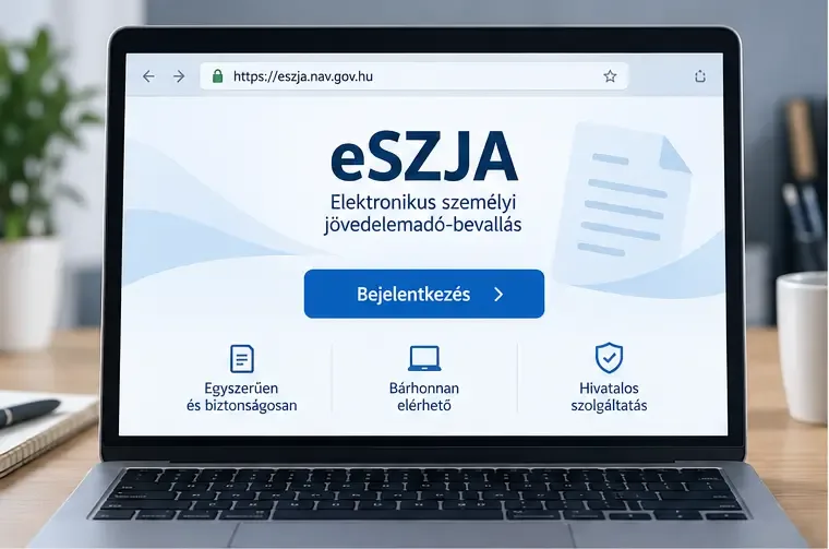 Laptop képernyőjén az eSZJA-portál bejelentkezési oldala és a Bejelentkezés gomb