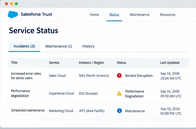 Illustrativ Salesforce Trust-stil tjenestestatusside som viser hendelser på tvers av ulike tjenester og regioner
