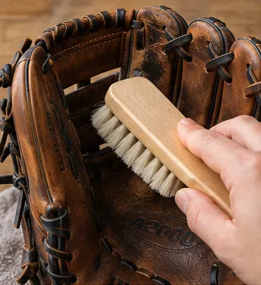 Kartáč s měkkými štětinami odstraňující suché nečistoty z kapsy hnědé baseballové rukavice