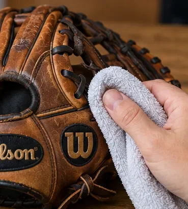 Mikrovláknová utěrka otírající vnější kůži hnědé baseballové rukavice