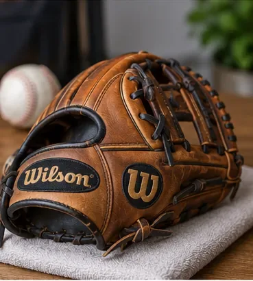 Čistá hnědá baseballová rukavice položená na ručníku v suchém vnitřním úložném prostoru