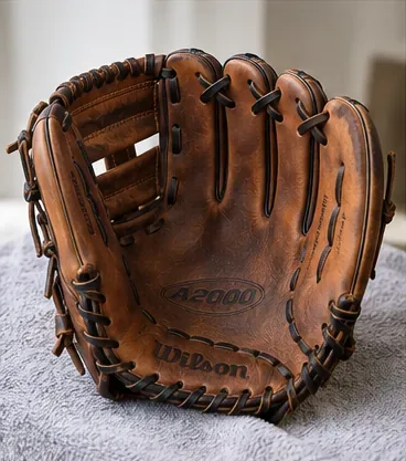 Čistá hnědá baseballová rukavice položená otevřená na ručníku, aby se usušila na vzduchu uvnitř