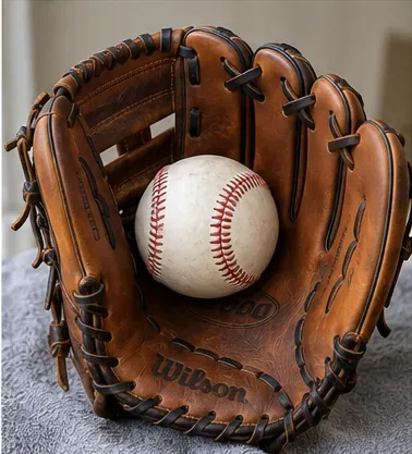 Baseballový míček umístěný v kapse hnědé kožené baseballové rukavice, aby si zachoval tvar