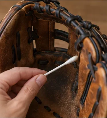 Vatový tampon čistící úzkou oblast vedle tkaniček uvnitř baseballové rukavice