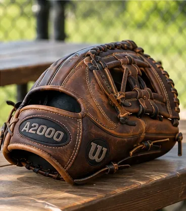 Hnědá kožená baseballová rukavice na dřevěné lavici kontrolovaná před čištěním