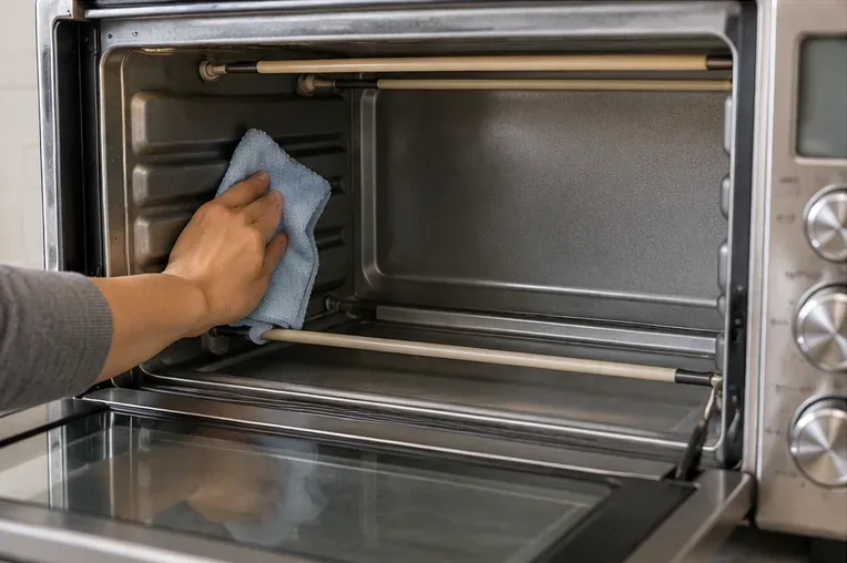 Ruka briše unutarnju bočnu stijenku hladne toster pećnice mekom plavom krpom od mikrovlakana dok grijaći elementi ostaju netaknuti.