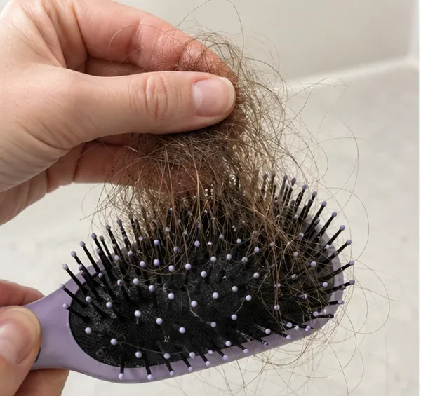 Hands lifting tangled hair out of a plastic paddle hairbrush before lice-related cleaning