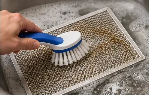 Ruka používající kartáč s měkkými štětinami k jemnému drhnutí mastnoty z kovového filtru mikrovlnné trouby v dřezu