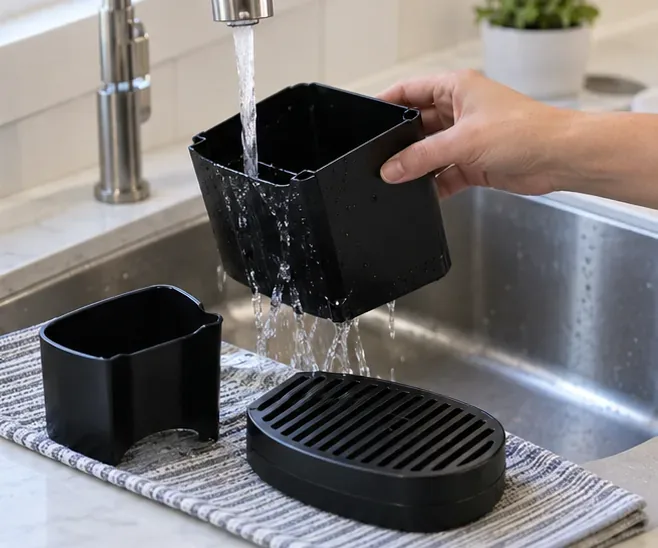 Black removable capsule container and drip components being rinsed under a kitchen faucet