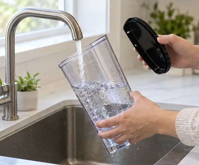 A clear Nespresso-style water reservoir being rinsed and refilled with fresh water at a kitchen faucet