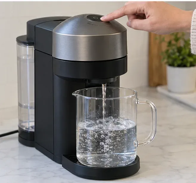 A finger pressing the top coffee button on a Vertuo-style machine while clean rinse water flows into a clear pitcher