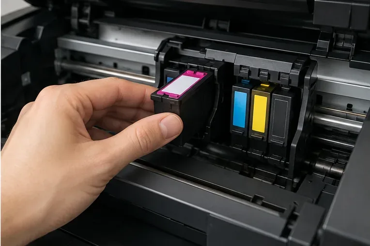 Käsi poistaa varovasti magentanväristä mustekasettia avoimesta mustesuihkutulostimesta, kun muut värikasetit pysyvät asennettuina.