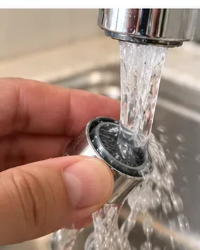 A removed faucet aerator being rinsed thoroughly under clean running water.
