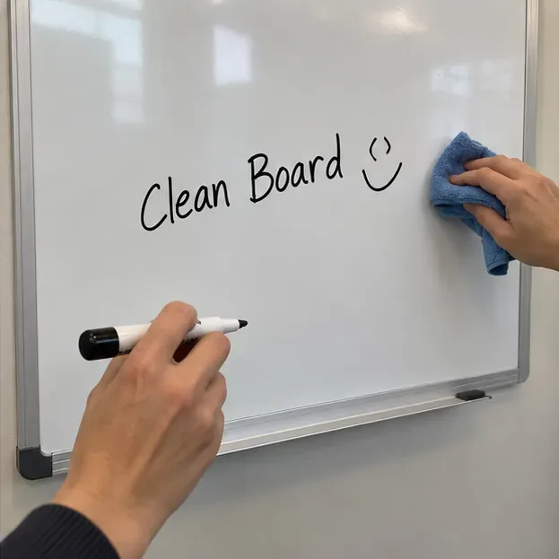 A clean dry-erase board with a marker and microfiber cloth being used to check the cleaned writing surface