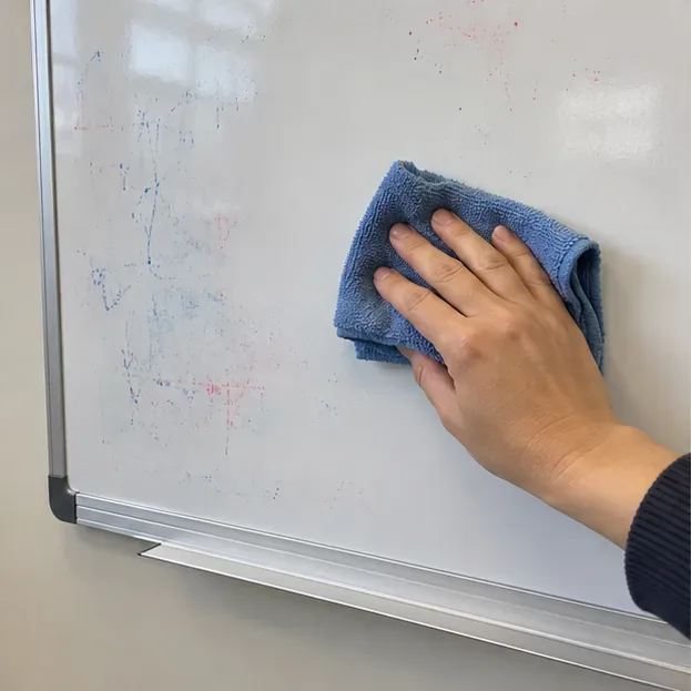 A hand wiping faded marker stains from a dry-erase board with a folded blue microfiber cloth