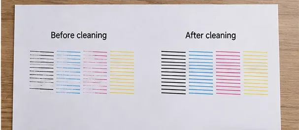 Illustrative nozzle check sheet showing broken color lines before cleaning and complete lines after cleaning