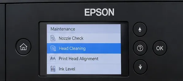 Epson printer control panel showing a Maintenance menu with Head Cleaning selected