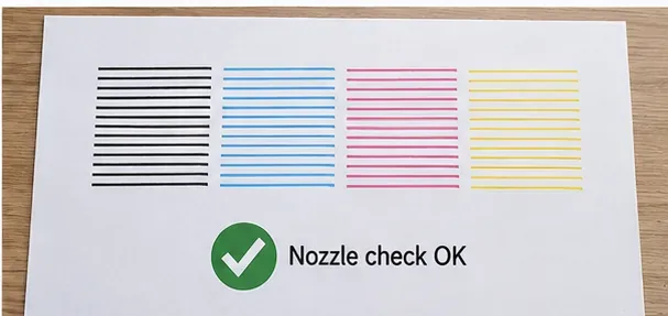 Illustrative complete black, cyan, magenta, and yellow nozzle check lines with a green check mark