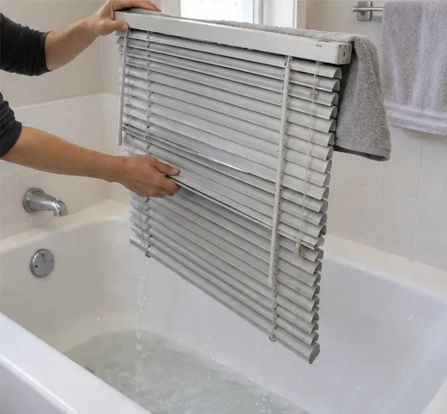 Person holding a rinsed gray horizontal blind over a bathtub so water drains from the slats before drying.