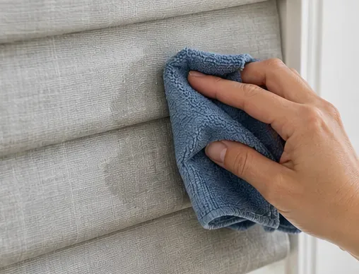Modrý hadřík z mikrovlákna jemně otírá malou skvrnu na látkové roletě