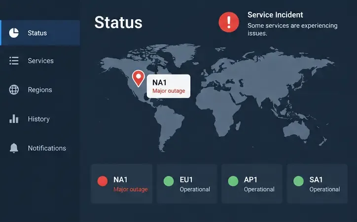 Konseptuelt statusdashbord som viser en tjenestehendelse for én instans i Nord-Amerika mens andre regioner fortsatt er i drift