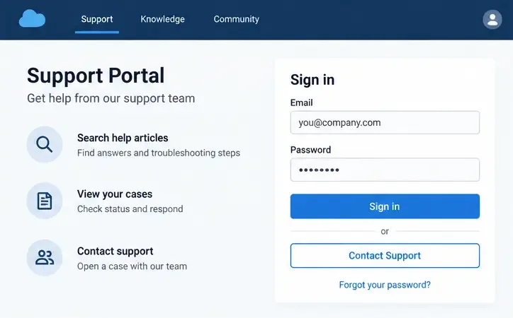 Konseptuell støtteportal med påloggingsfelt, sakshistorikk og en synlig Kontakt støtte-handling