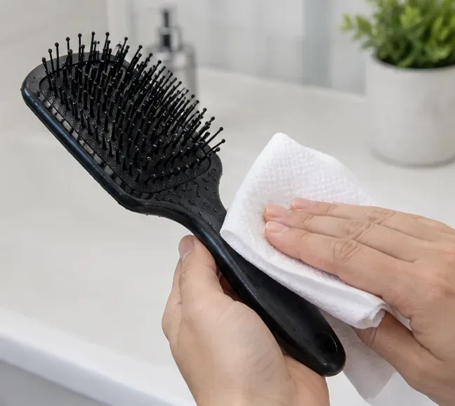 Hands blot excess water from a freshly rinsed black hairbrush with a clean white towel.