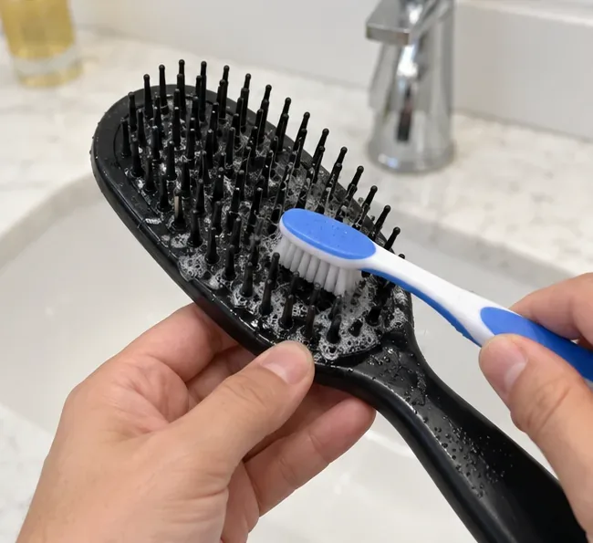 A small blue-and-white toothbrush scrubs soapy foam between the bristles of a black hairbrush.