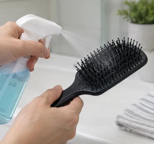 A spray bottle applies a fine mist to the bristles and hard surface of a black hairbrush.