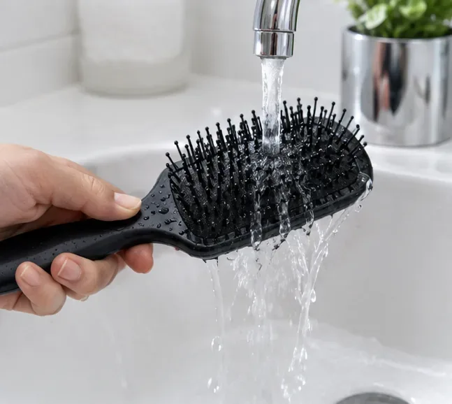 A black hairbrush is rinsed under a stream of clean water from a chrome faucet.