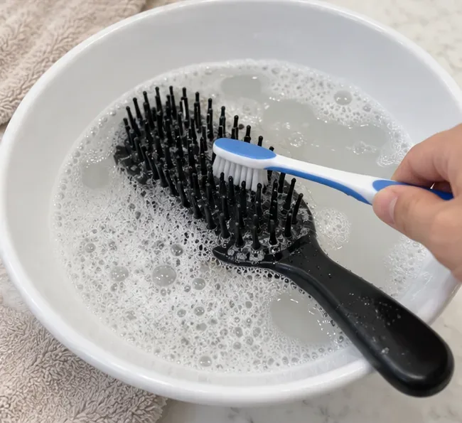 A black hairbrush is washed in a basin of warm soapy water while a toothbrush scrubs between the bristles.