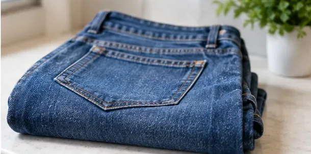 Clean blue jeans folded on a light countertop after the gum-removal process is complete