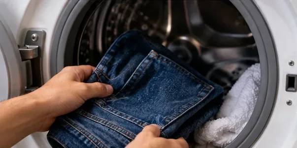 Hands placing blue jeans into a front-loading washing machine after the chewing gum has been removed and the area pretreated