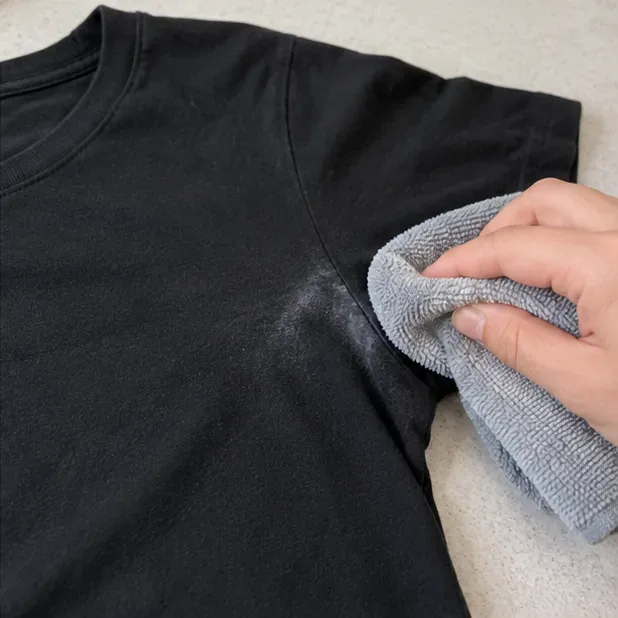 A gray microfiber cloth dabbing a faint white deodorant mark on a black T-shirt laid flat.