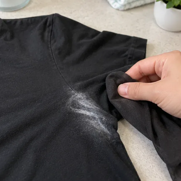 A hand gently rubbing a white deodorant streak on a black T-shirt with a clean section of dark fabric.