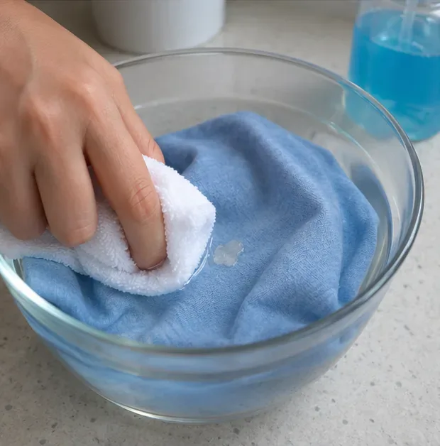A blue shirt being blotted with a white cloth while resting in a bowl of water
