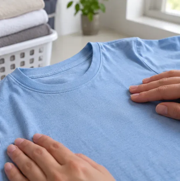 Hands inspecting the front of a clean light blue shirt on a laundry counter