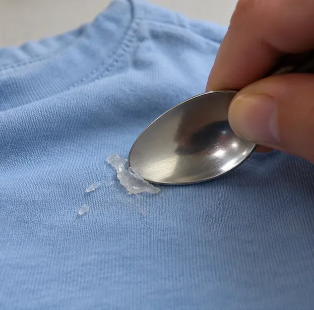 A spoon edge gently lifting dried translucent glue from a blue knit shirt