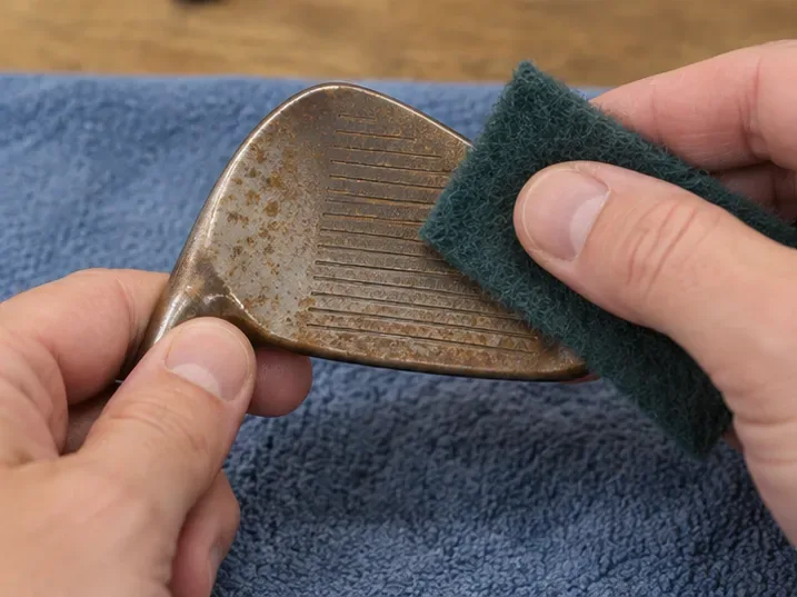 Ruce jemně třou zrezivělý povrch golfového míčku tmavě zelenou netkanou syntetickou drátěnkou