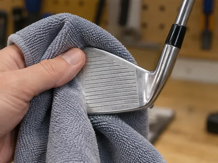 Chromovaná golfová žehlička důkladně osušená šedým mikrovláknovým ručníkem